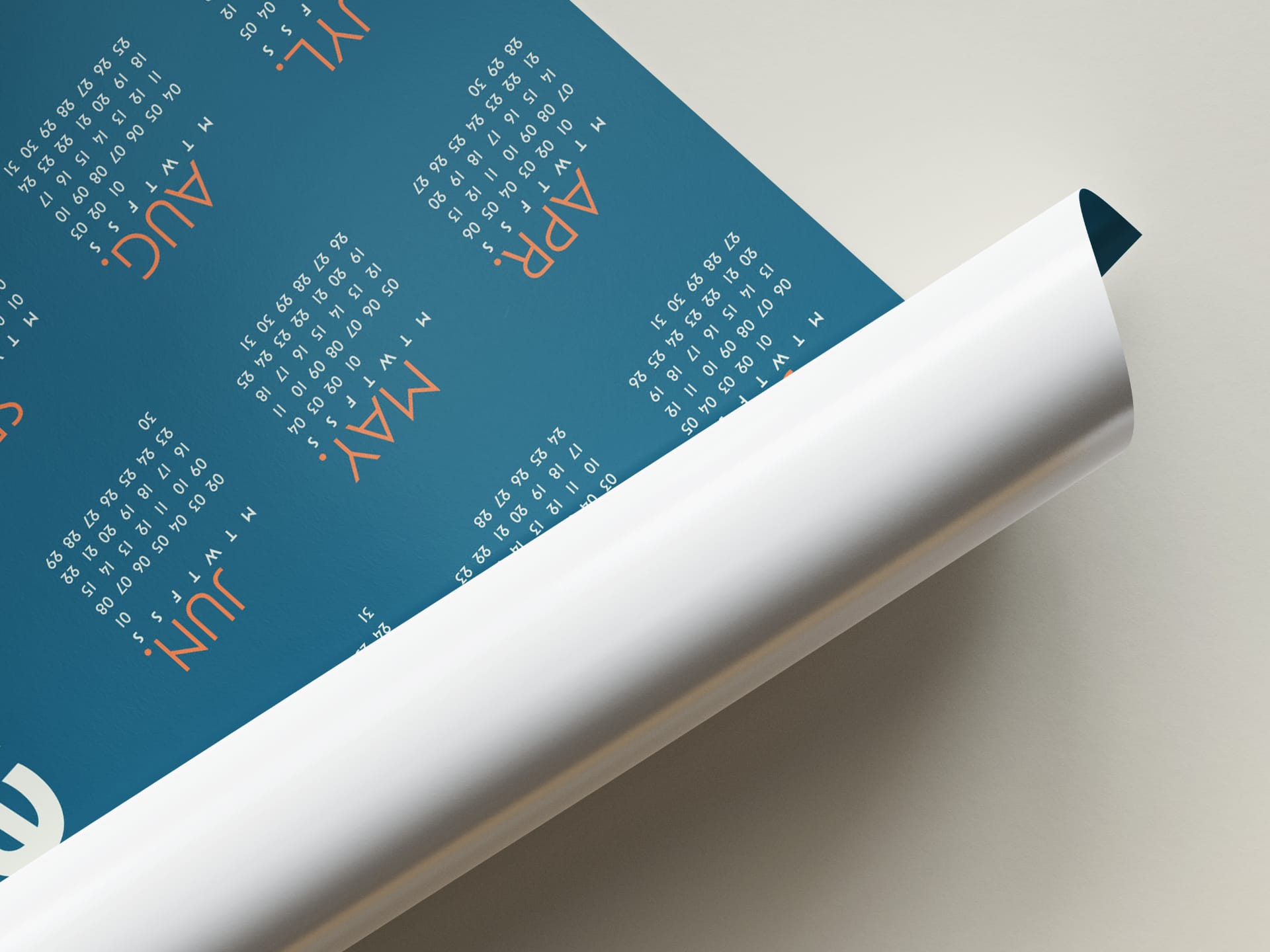 Detail view of the 2025 minimalist calendar poster showing curled corner and highlighted months May to August Detail view of the 2025 minimalist calendar poster showing curled corner and highlighted months May to August