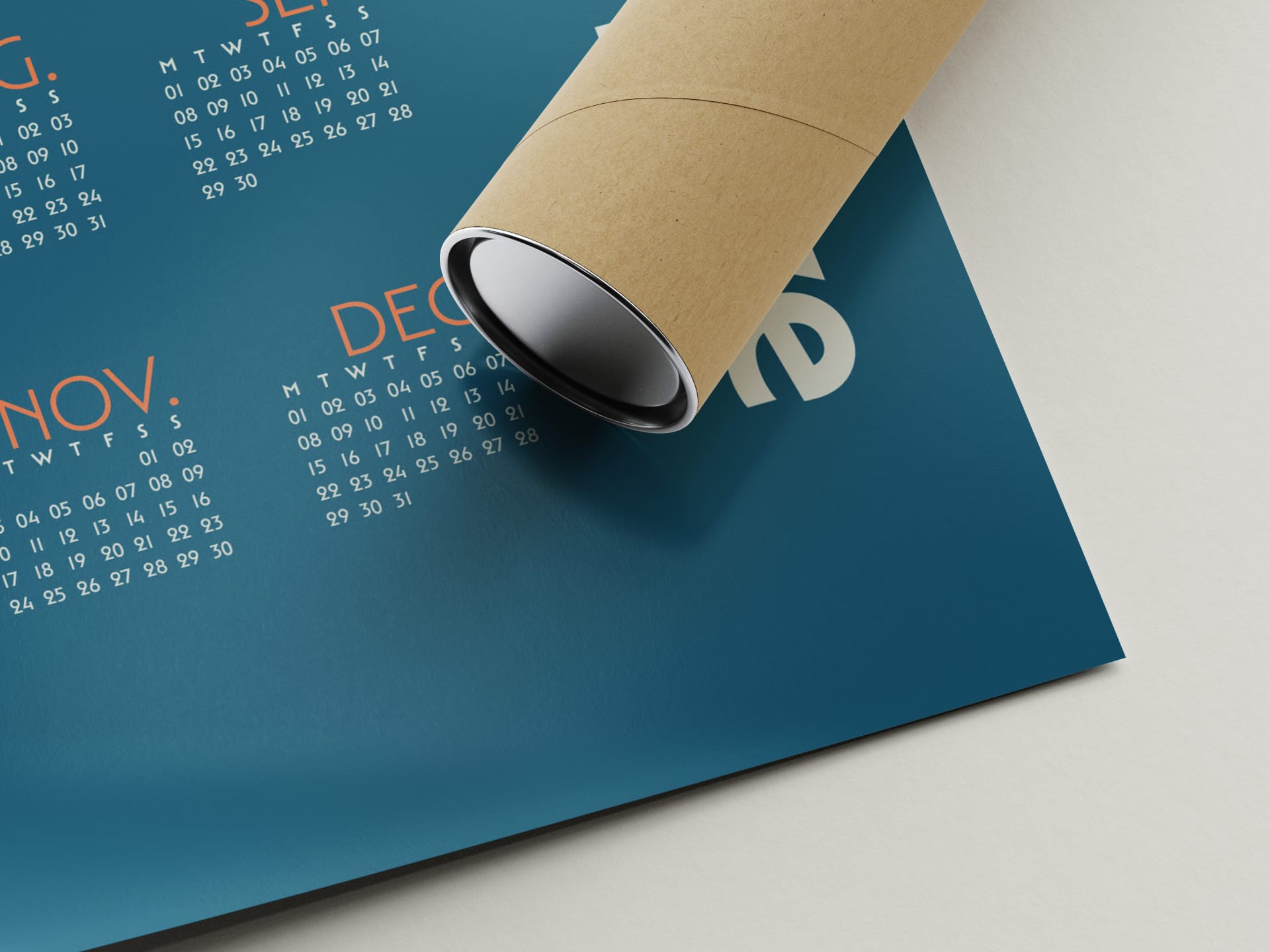 Rolled 2025 calendar poster partially inside a kraft tube, showing clean layout of November and December Rolled 2025 calendar poster partially inside a kraft tube, showing clean layout of November and December