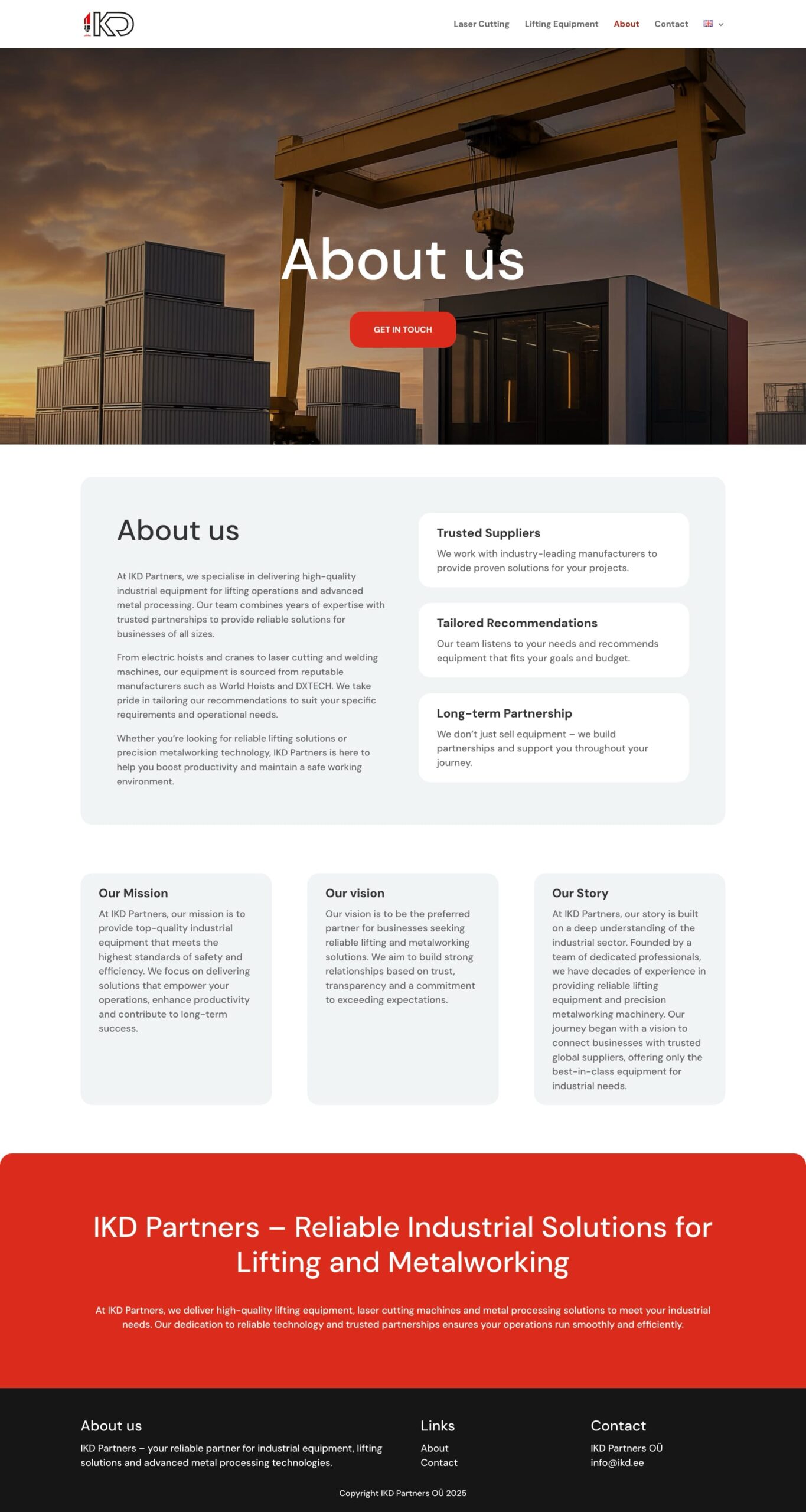 About Us page of IKD Partners highlighting mission, vision, trusted suppliers, and tailored recommendations in industrial sector About Us page of IKD Partners highlighting mission, vision, trusted suppliers, and tailored recommendations in industrial sector