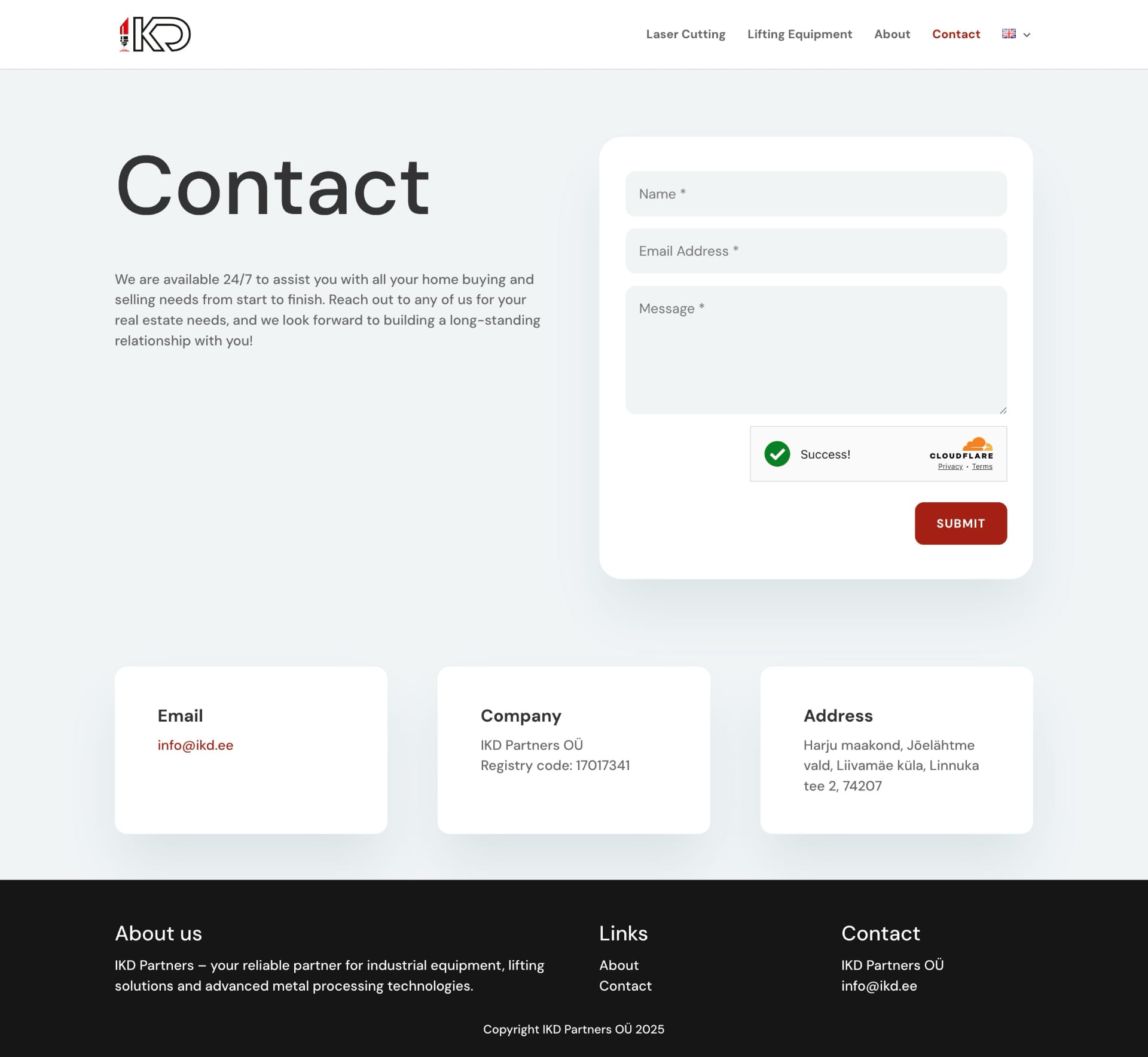 Contact page of IKD Partners featuring enquiry form, company details, and professional layout for industrial clients Contact page of IKD Partners featuring enquiry form, company details, and professional layout for industrial clients