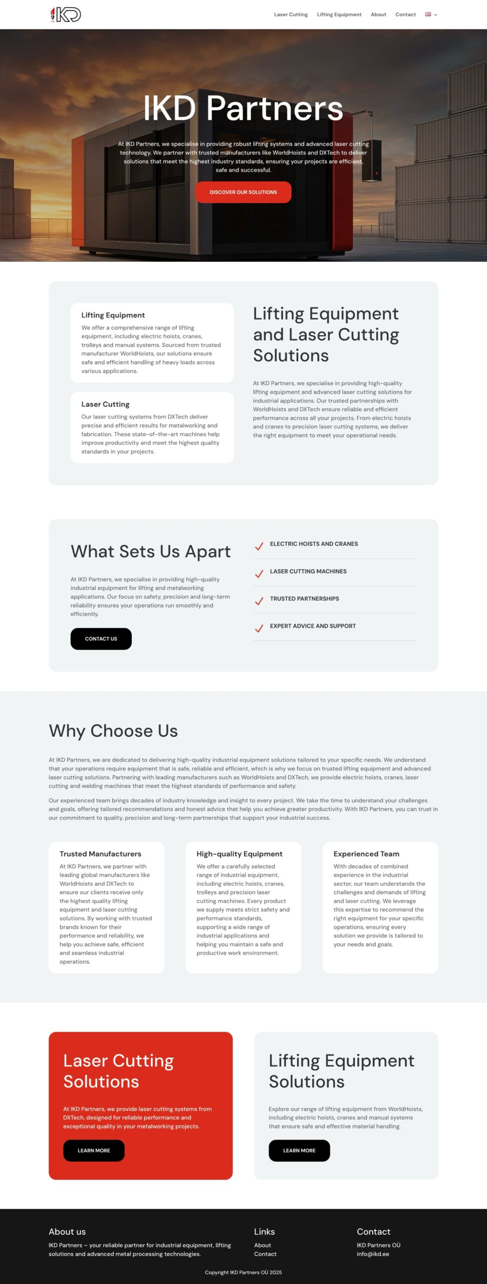 Homepage design of IKD Partners showcasing lifting and laser cutting solutions with modern industrial layout and clean interface Homepage design of IKD Partners showcasing lifting and laser cutting solutions with modern industrial layout and clean interface