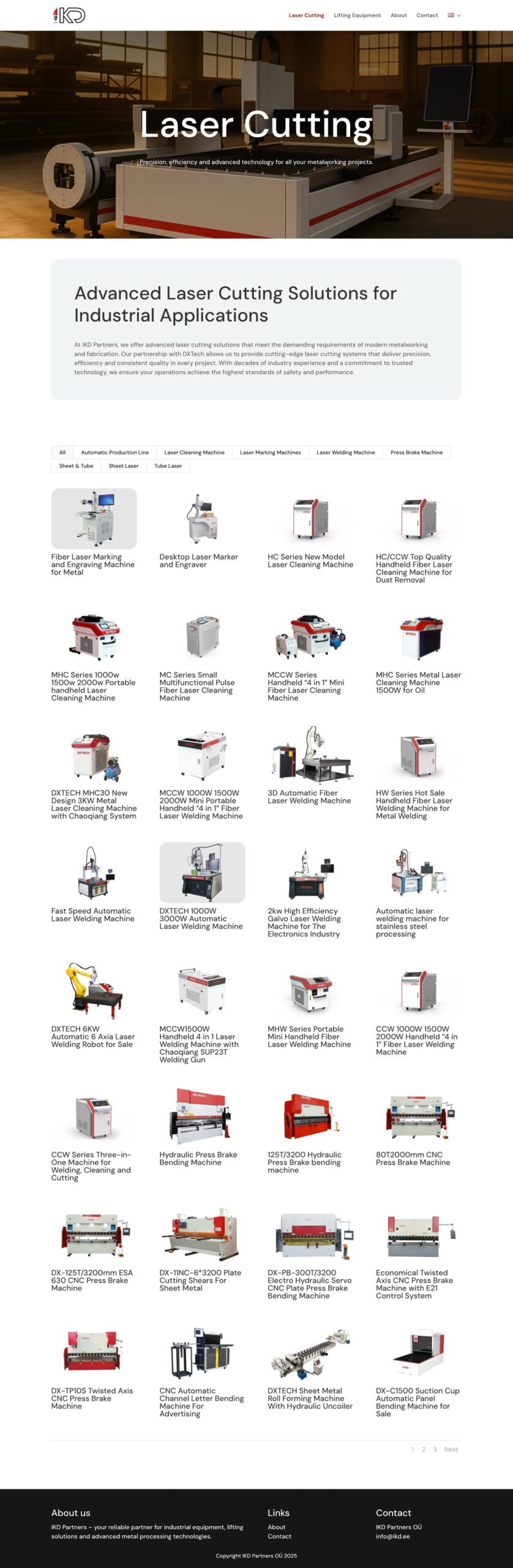 Laser Cutting page from IKD Partners website displaying product grid of advanced industrial laser machines and solutions Laser Cutting page from IKD Partners website displaying product grid of advanced industrial laser machines and solutions