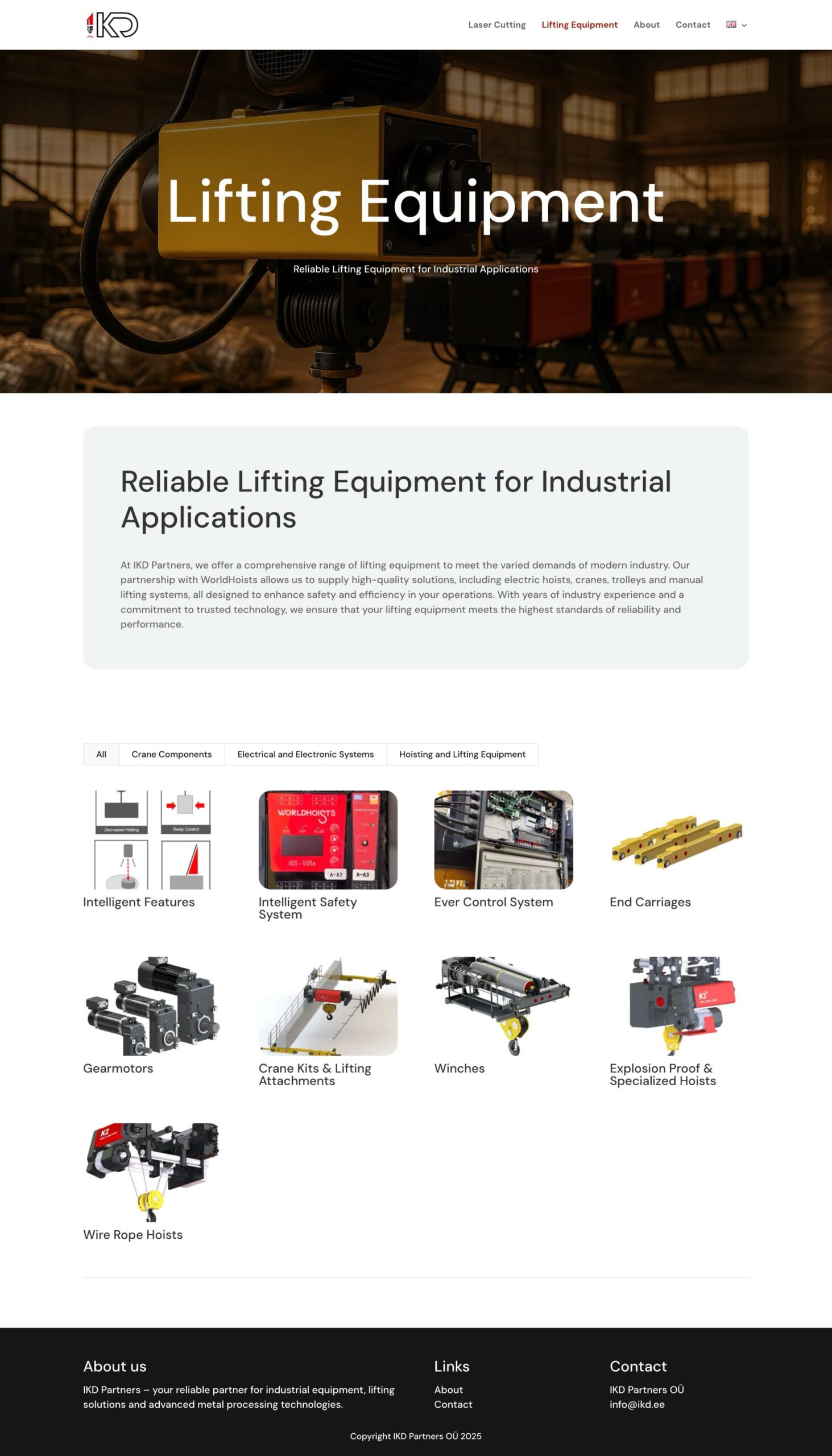 Lifting Equipment page of IKD Partners showcasing crane systems, hoists, and lifting components with product categories Lifting Equipment page of IKD Partners showcasing crane systems, hoists, and lifting components with product categories