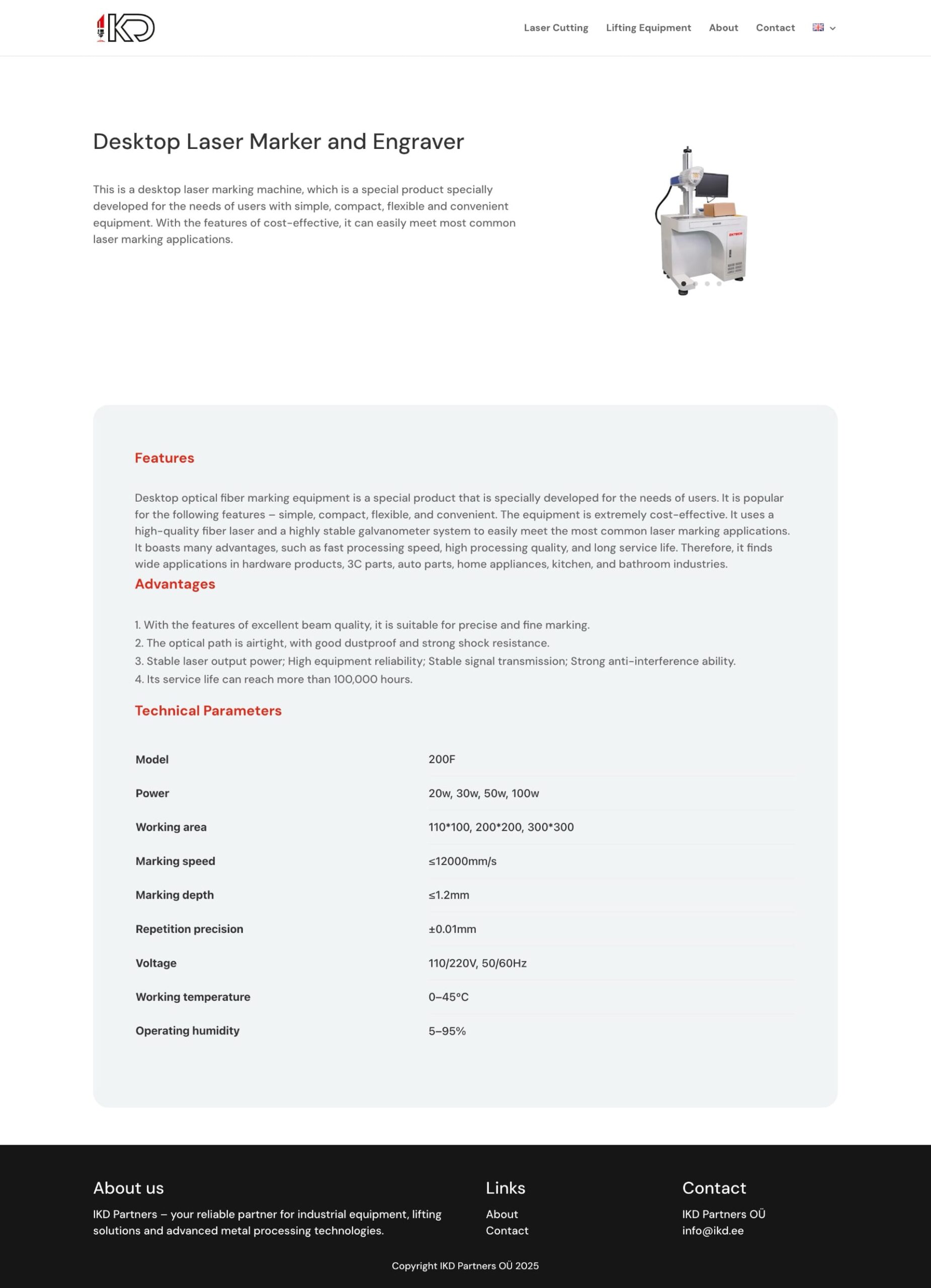 Product detail page of a desktop laser engraver from IKD Partners with features, technical specifications and industrial use cases Product detail page of a desktop laser engraver from IKD Partners with features, technical specifications and industrial use cases
